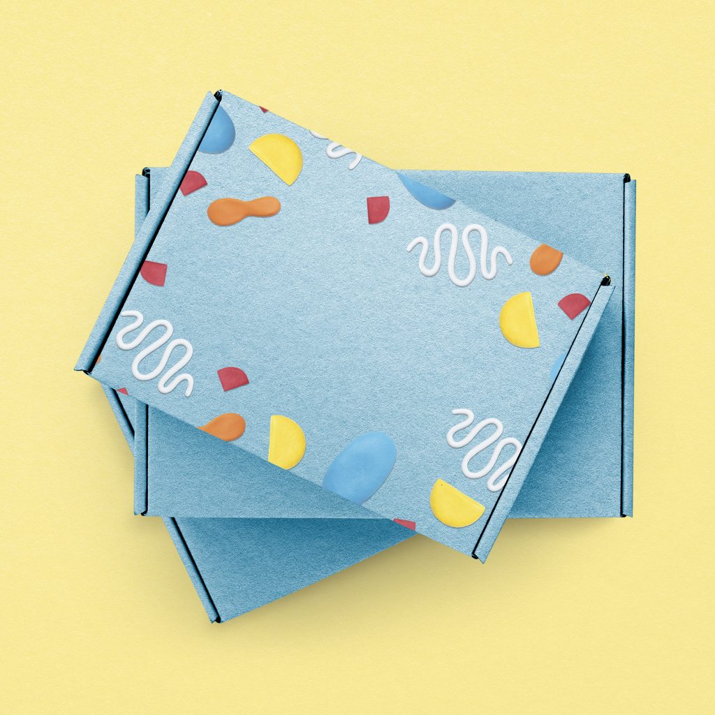 Blue kraft box with cute clay pattern product packaging