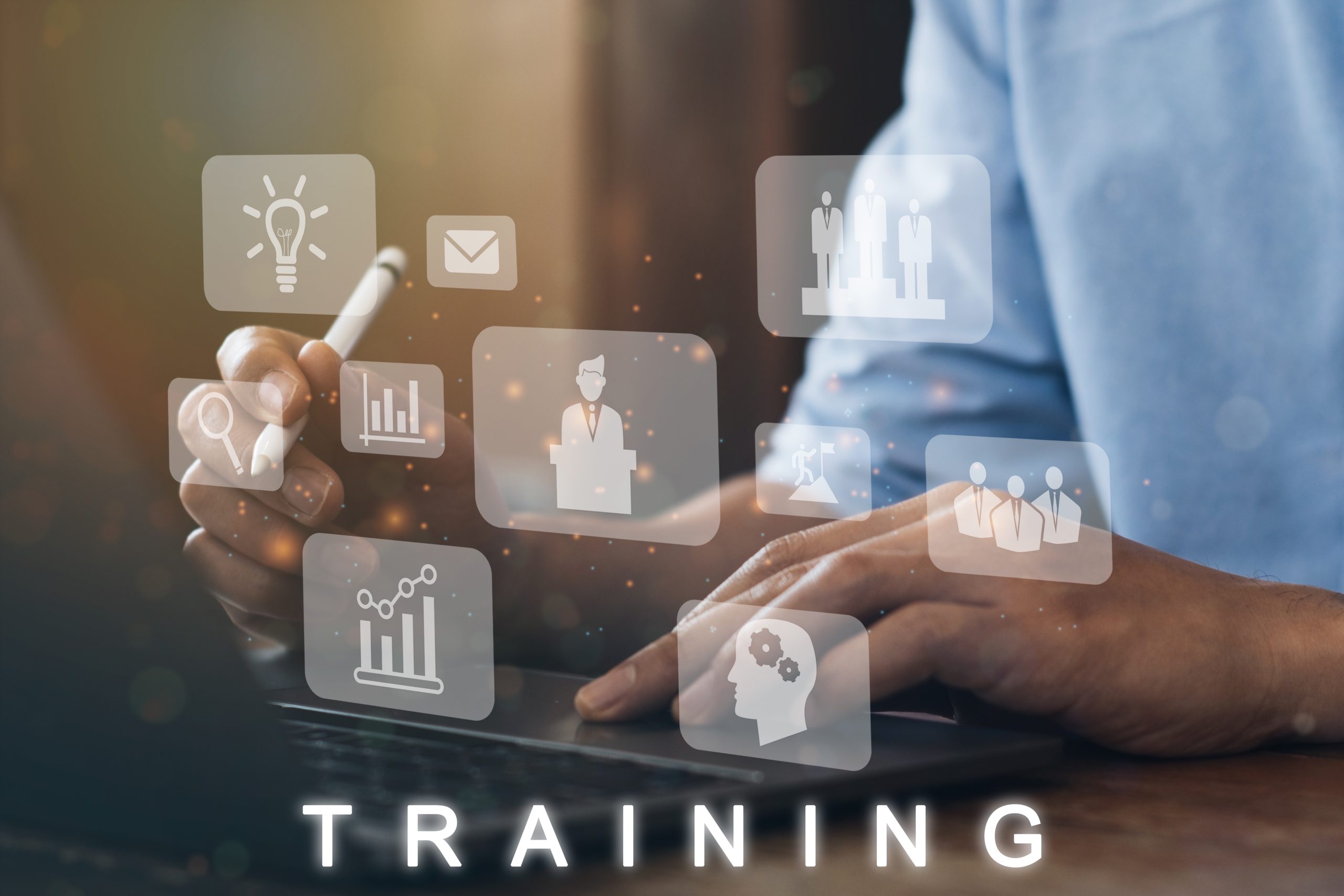 Businessman using a computer to Training banner web icon for business and Seminar, coach, teaching, learn, evaluation, knowledge, doing, experience and skill. Minimal vector infographic.